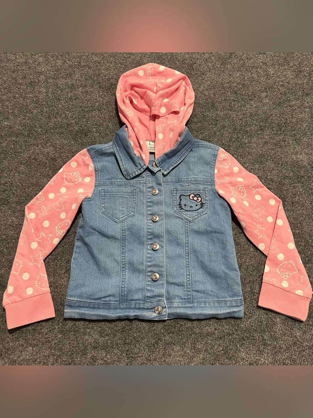Hello Kitty Denim Jacket with Pink Hood & Sleeves